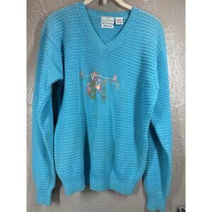 Vintage‎ LL Sport Blue Turquoise Jumper Floral Embroidery Hand Loomed Size Small